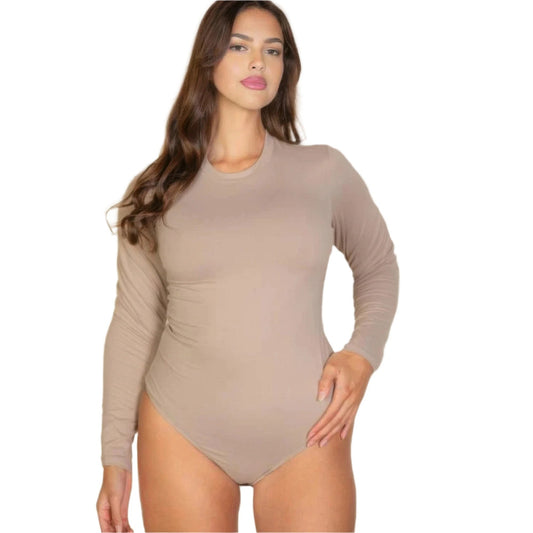 加大尺寸純色長袖圓領連身衣 灰褐色