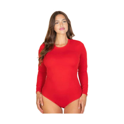 加大尺寸純色長袖圓領連身衣 紅色