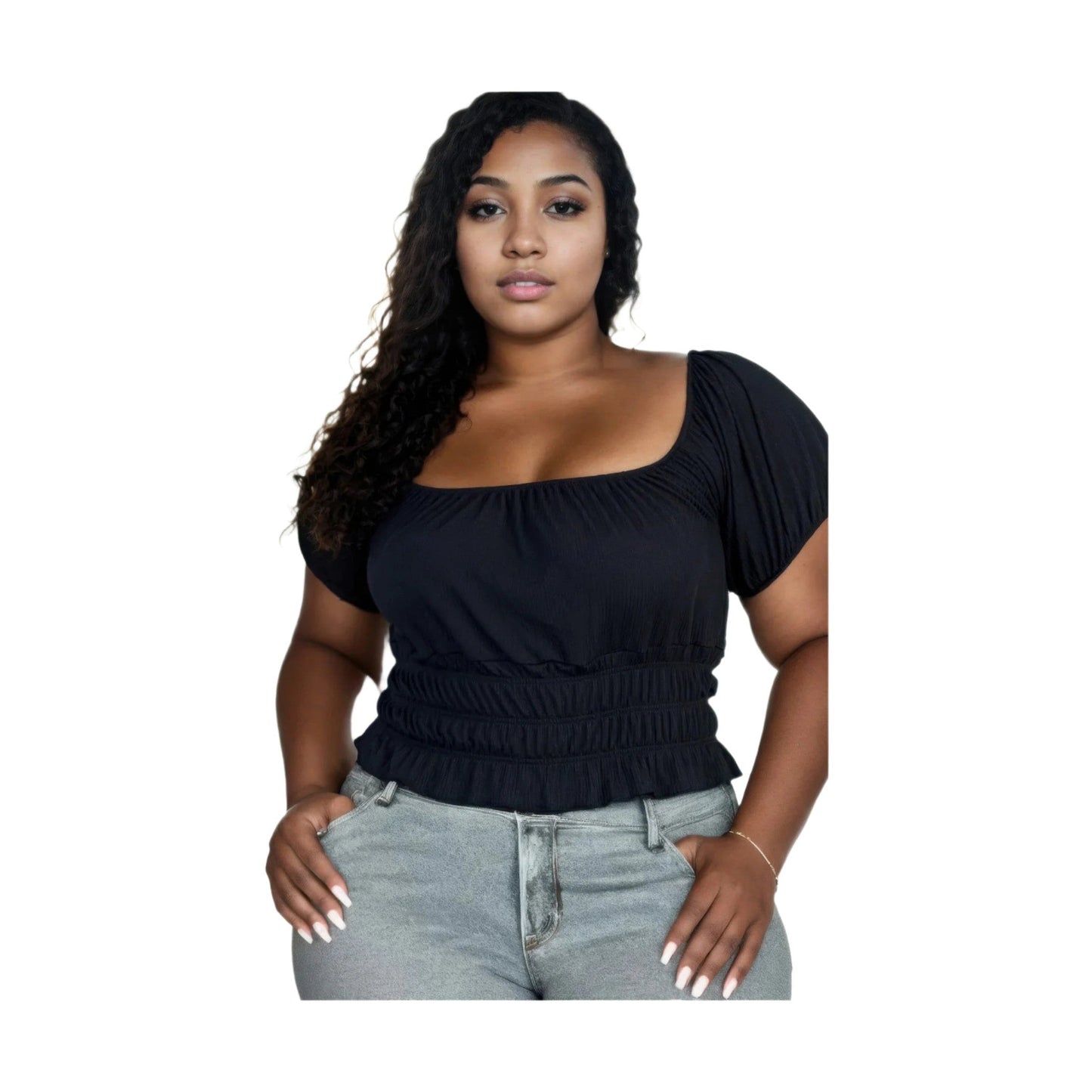 大尺碼休閒褶皺泡泡袖羅紋針織上衣