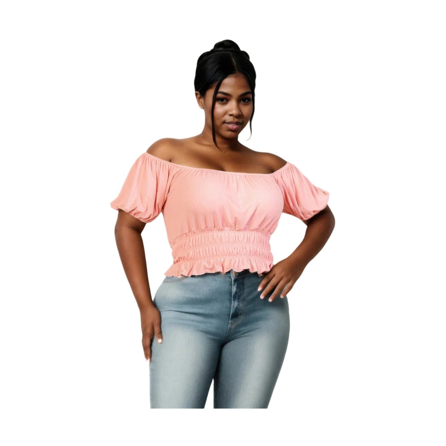 大尺碼休閒褶皺泡泡袖羅紋針織純色上衣