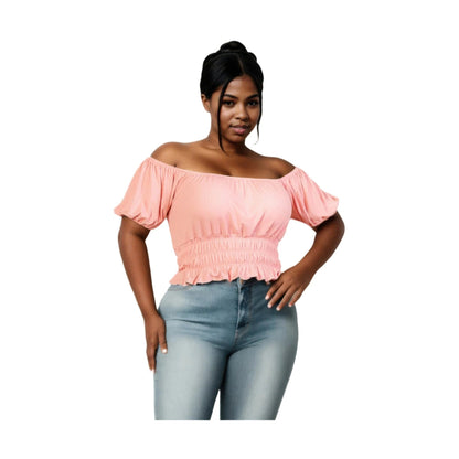 大尺碼休閒褶皺泡泡袖羅紋針織純色上衣