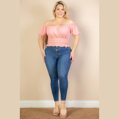 大尺碼休閒褶皺泡泡袖羅紋針織純色上衣