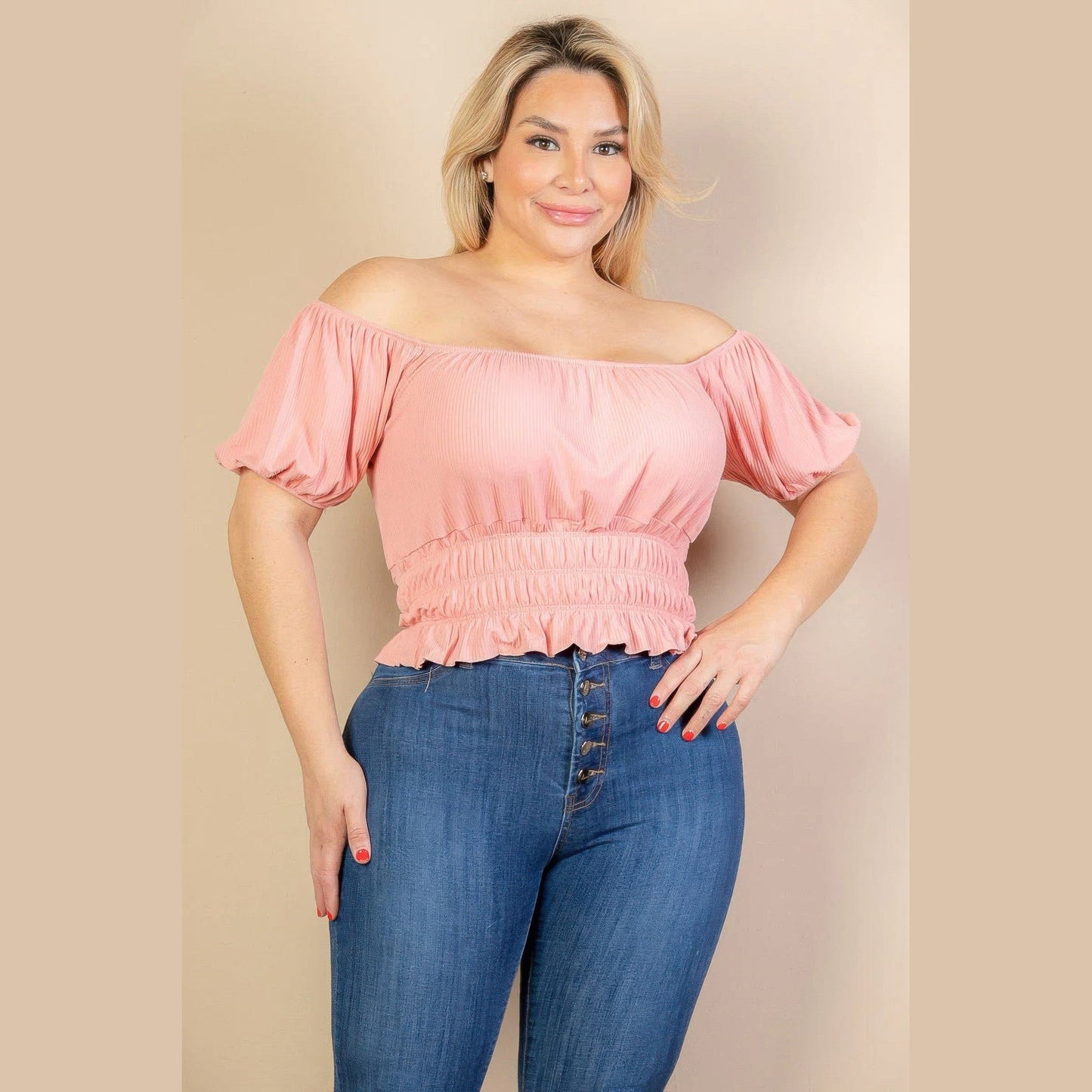 大尺碼休閒褶皺泡泡袖羅紋針織純色上衣