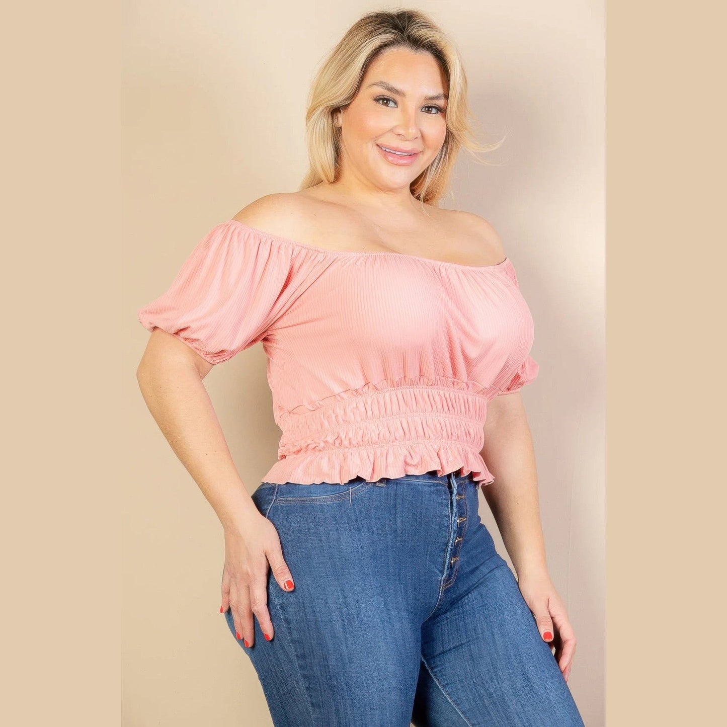 大尺碼休閒褶皺泡泡袖羅紋針織純色上衣