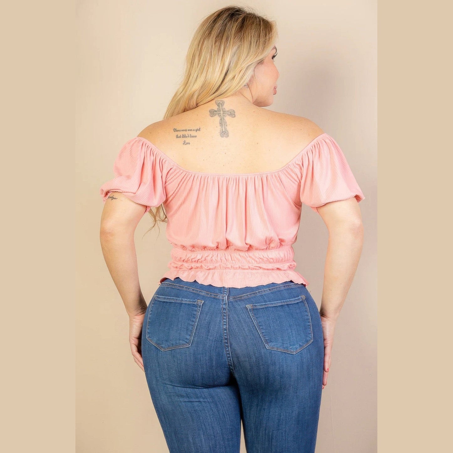 大尺碼休閒褶皺泡泡袖羅紋針織純色上衣