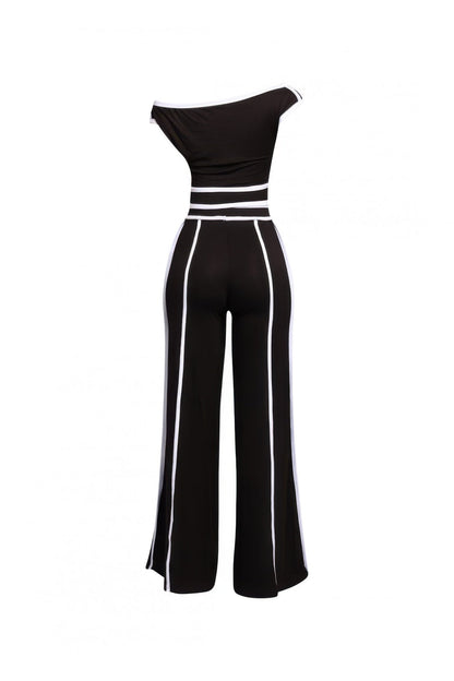 撞色露肩套裝