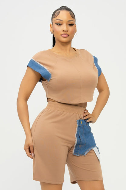 撞色牛仔袖上衣和騎行短褲套裝