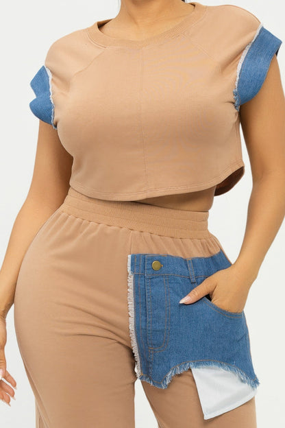 撞色牛仔袖上衣和騎行短褲套裝