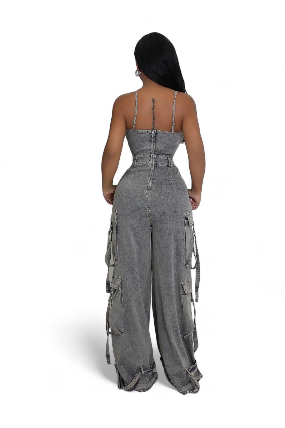 Black Denim Jean Cargo Jumpsuit