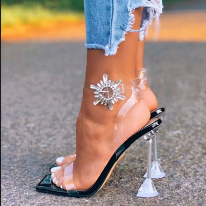 Transparent Open Toe High Heel with Rhinestone Crystal - # GIAA73210008