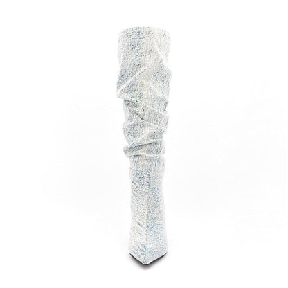 White Denim High Heel Tall Boots