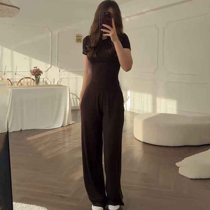 Fashionable Style Round Neck Solid Color Wide Leg Pants Elegant Commute Fashion Set