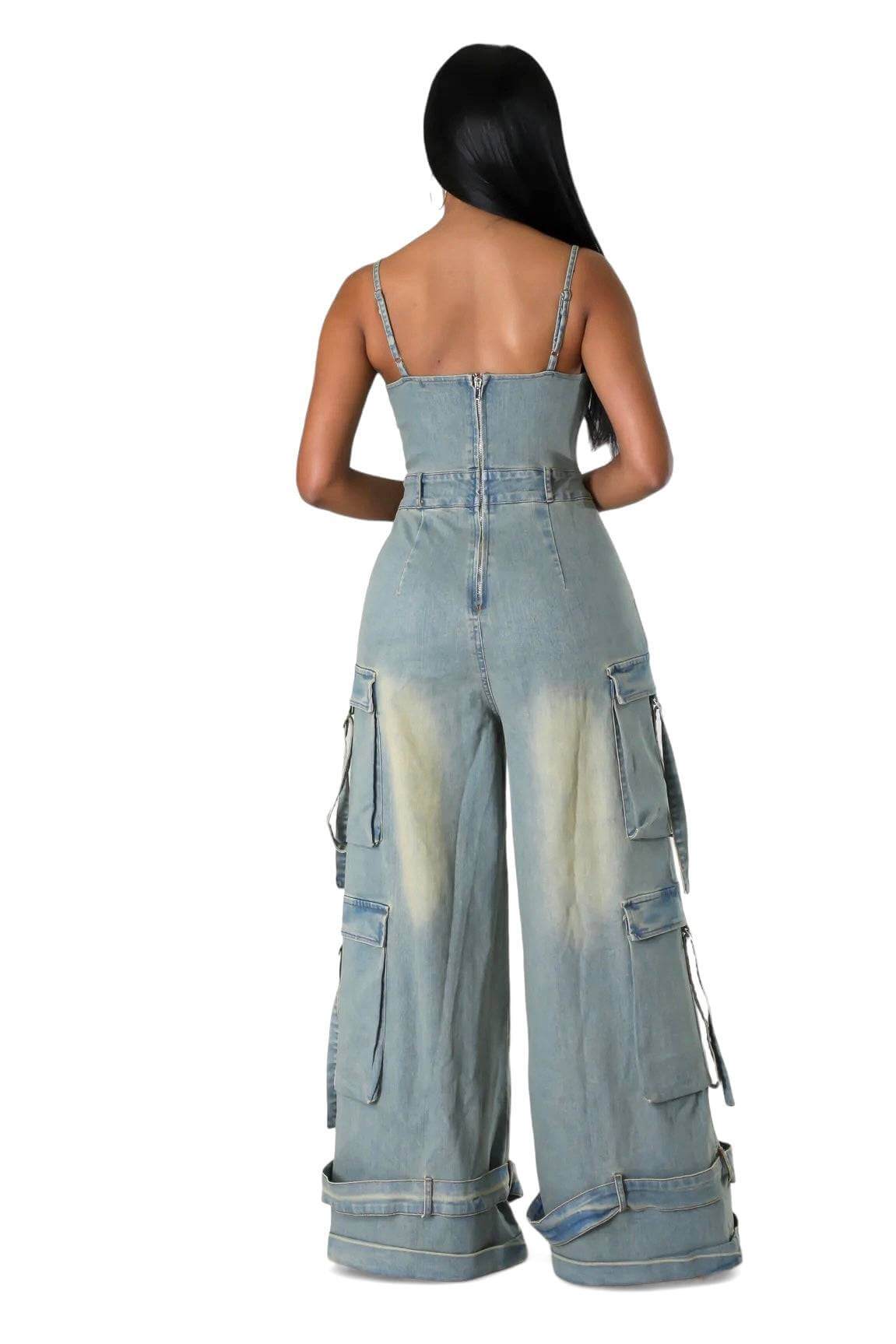 Dirty Wash Denim Jean Cargo Jumpsuit