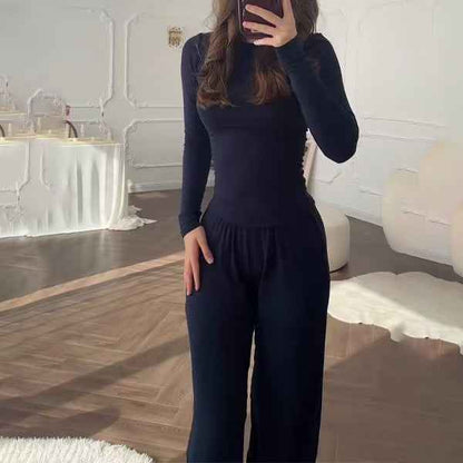 Fashionable Style Round Neck Solid Color Wide Leg Pants Elegant Commute Fashion Set