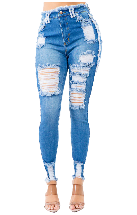Denim Distressed Trimmed Skinny Jeans