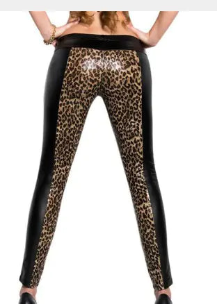Nuevos leggings de piel sintética negros con estampado de leopardo