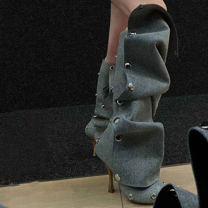 Stud Pleated Cowboy Boots : Pointed Toe High Heels