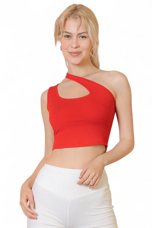 Ribbed One Shoulder Cross Strap Crop Top {BT3502}