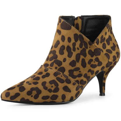 Pointed Toe Cutout Kitten Heel Brown Leopard Ankle Booties