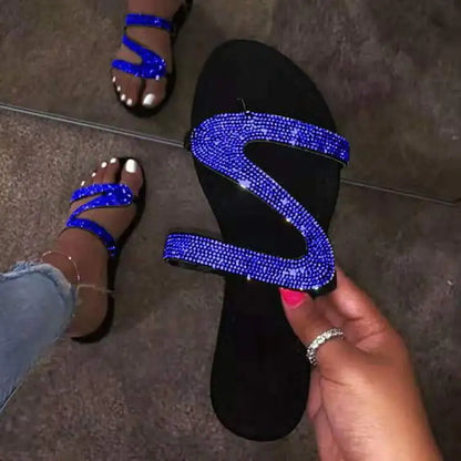 Sandalias y pantuflas planas con diamantes de moda para mujer