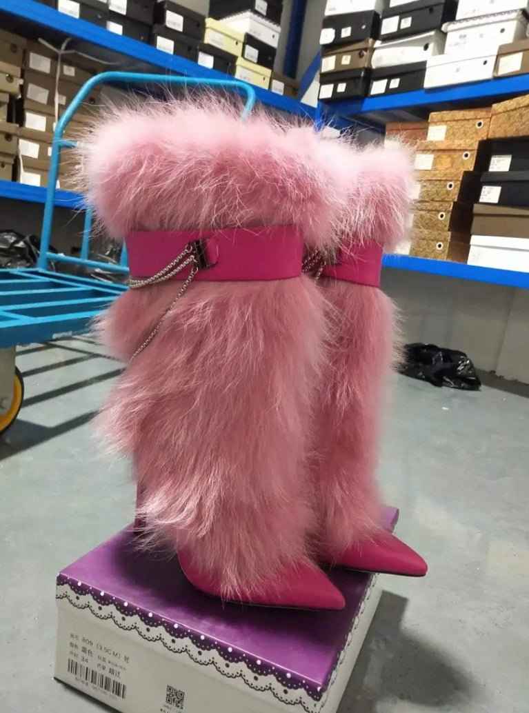 Pink Feather Pointed Toe Stiletto : Chain High Boots
