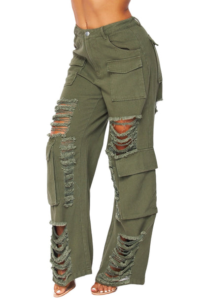 Distressed Wide Leg Cargo Pocket Pants