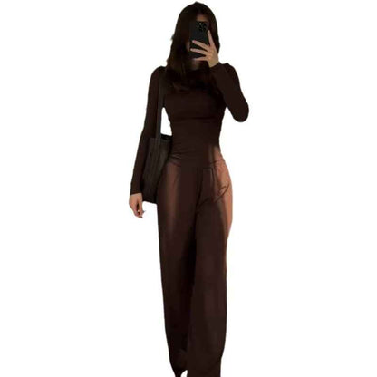 Fashionable Style Round Neck Solid Color Wide Leg Pants Elegant Commute Fashion Set