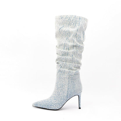 White Denim High Heel Tall Boots