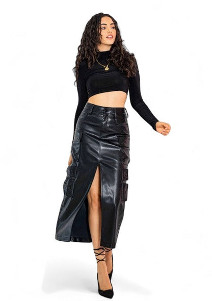 Vegan Leather Cargo Column Skirt