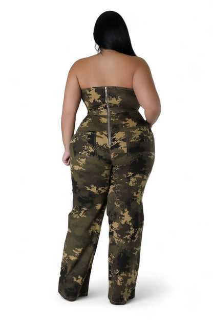 Curvy Camouflage Strapless Jumpsuit