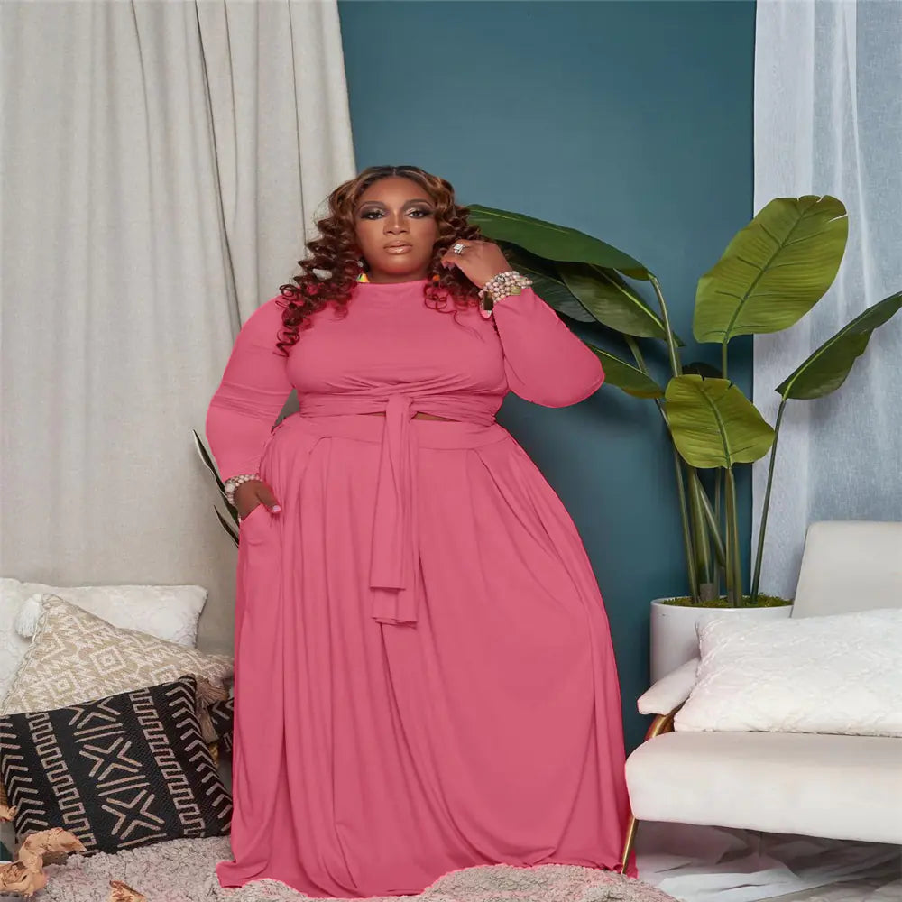 大尺碼女士性感兩件式裙裝，長袖