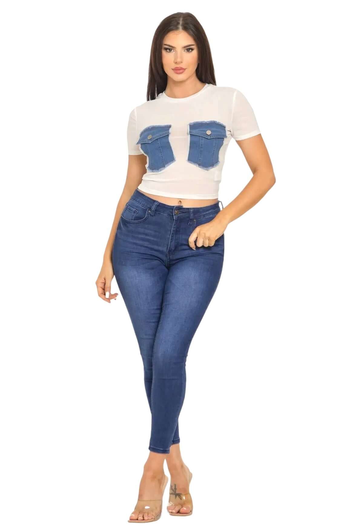 Mesh Front Denim Distressed Button Pockets Top {See Thru}