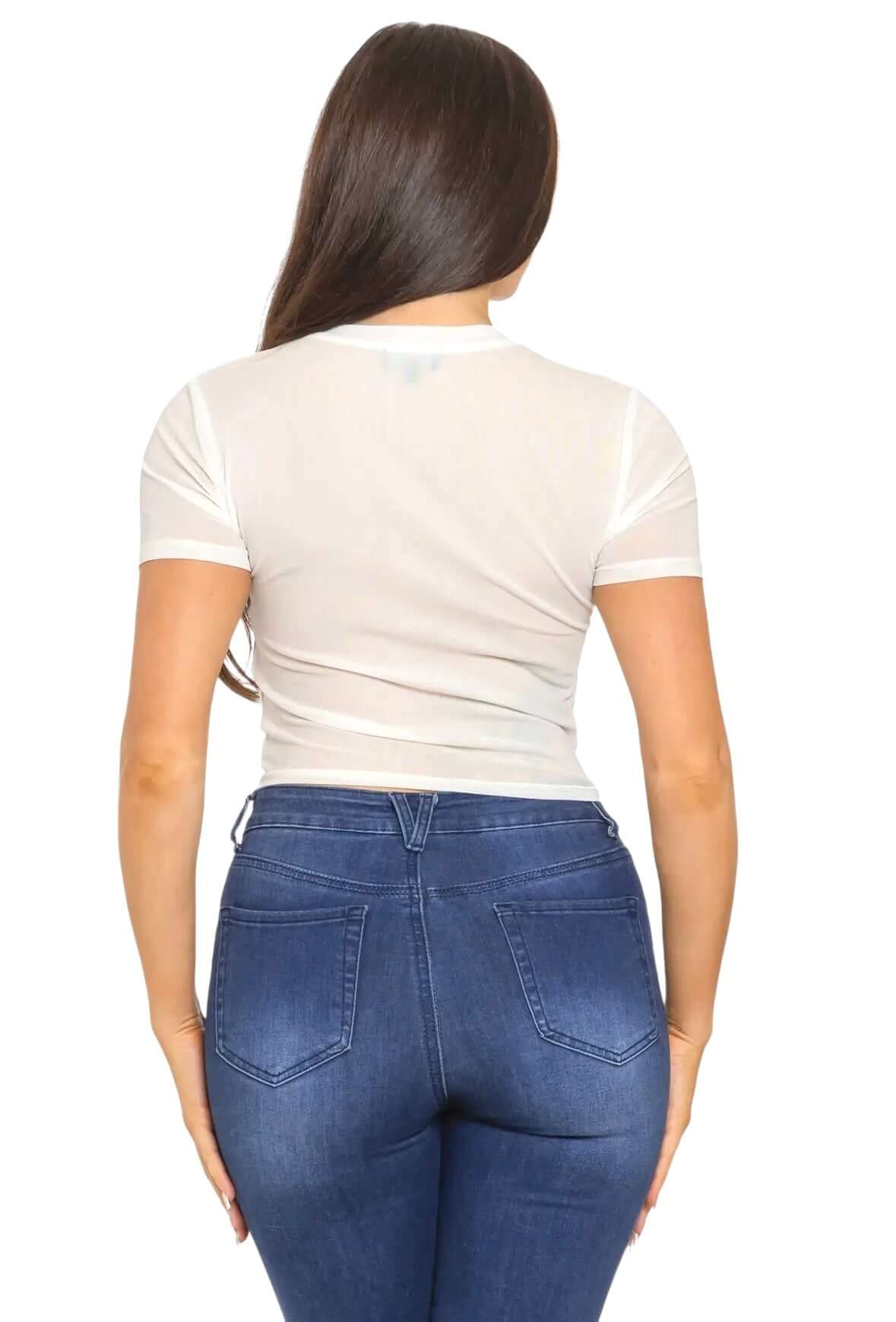 Mesh Front Denim Distressed Button Pockets Top {See Thru}