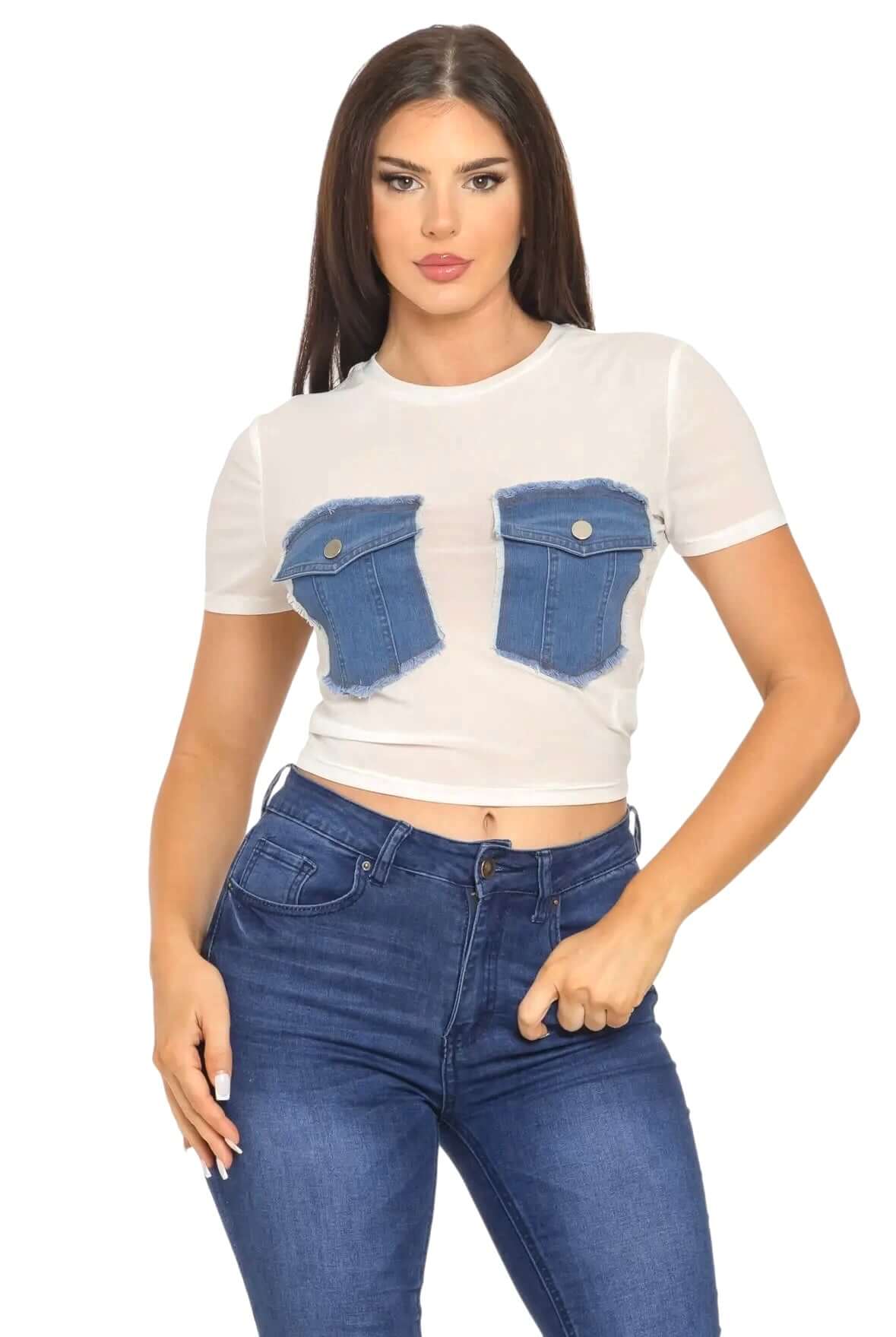 Mesh Front Denim Distressed Button Pockets Top {See Thru}