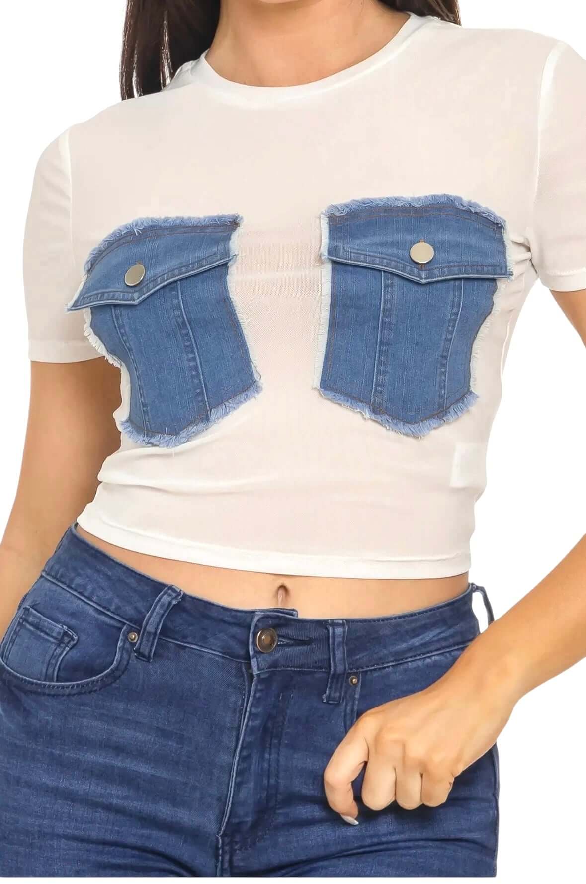 Mesh Front Denim Distressed Button Pockets Top {See Thru}