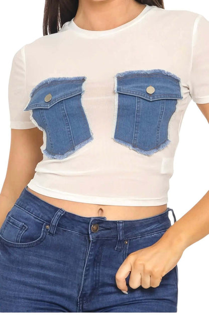 Mesh Front Denim Distressed Button Pockets Top {See Thru}