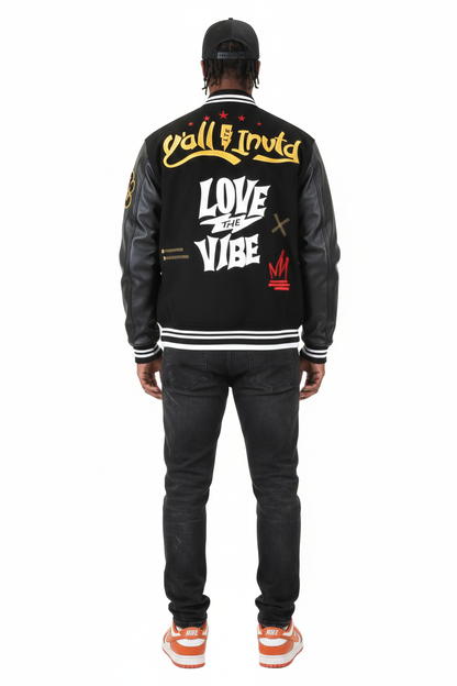 HALSTON Men's Melton Body with Faux Leather Sleeve Varsity Jacket