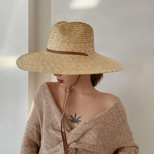Sombrero de paja con correa para el cinturón para mujer, sombrero de playa con protección UV, de ala ancha, para verano, viajes, Panamá, venta al por mayor, 2024