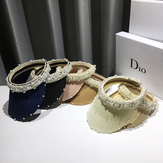 Sombrero de playa con visera solar para mujer, hecho a mano y de moda, con perlas