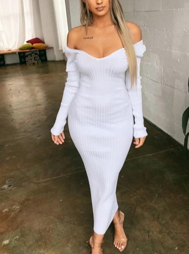 針織長袖V領派對優雅長袍女裝