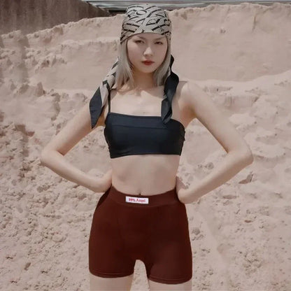 夏季白色字母刺繡騎行短褲 女式羅紋針織黑色高腰休閒街頭風短褲