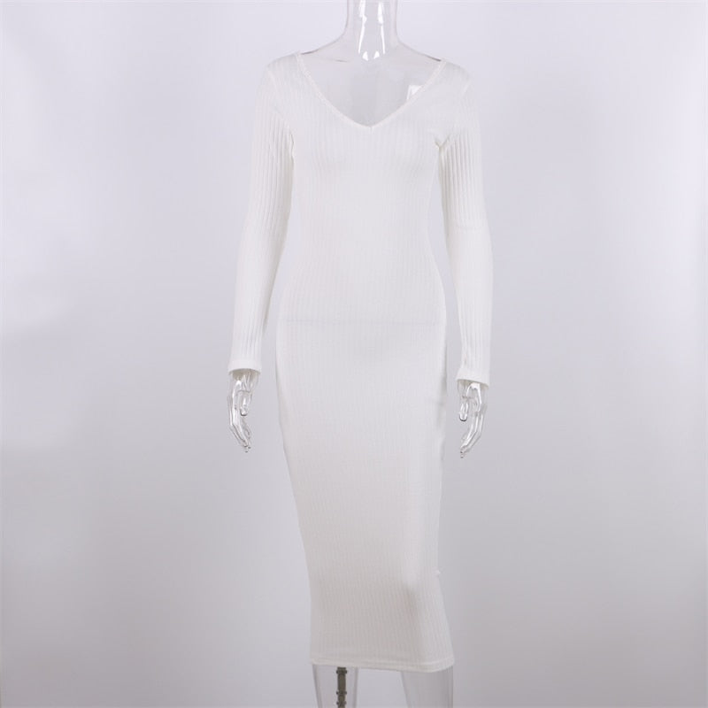 針織長袖V領派對優雅長袍女裝