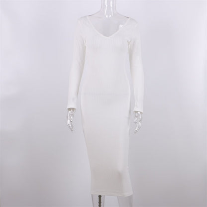 針織長袖V領派對優雅長袍女裝