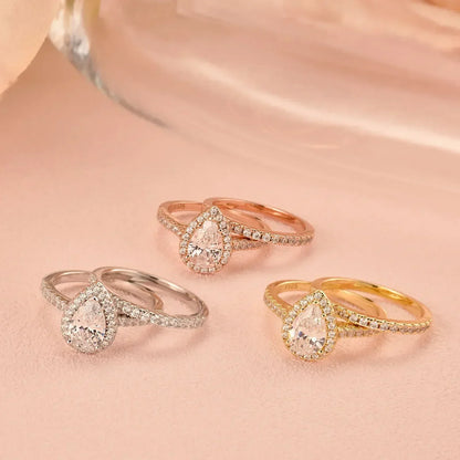 Anillo de compromiso Newshe de 2 piezas con forma de lágrima para mujer, de plata 925, con circonitas cúbicas de alta calidad.