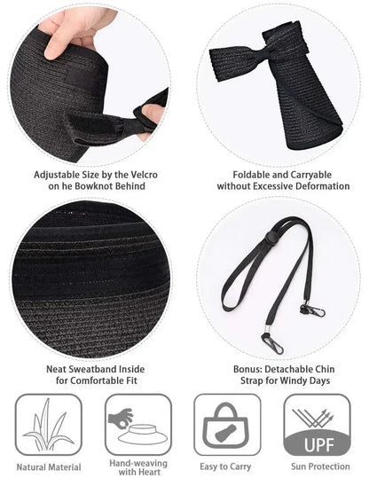 女士夏季遮陽帽 - 時尚防紫外線，適合戶外徒步，可折疊，寬簷沙灘草帽