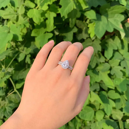 Anillo de compromiso Newshe de 2 piezas con forma de lágrima para mujer, de plata 925, con circonitas cúbicas de alta calidad.