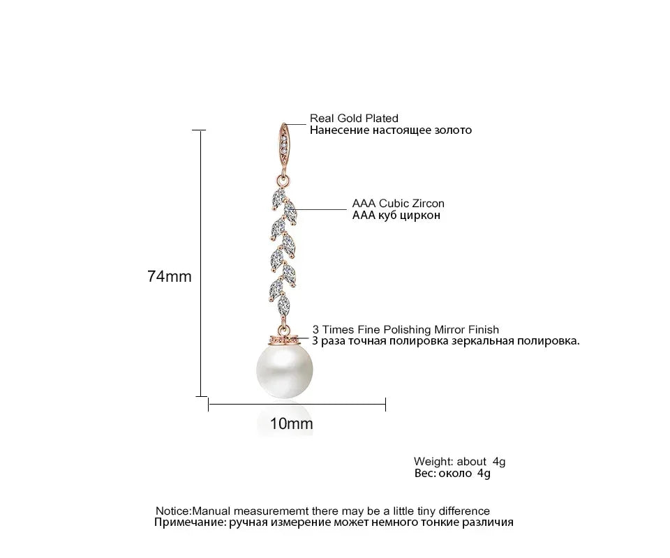 Pendientes colgantes de perlas de imitación redondas ZAKOL para mujer, con circonitas brillantes y hojas de cristal, largos, para novia, joyería de boda
