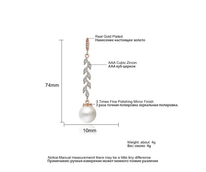 Pendientes colgantes de perlas de imitación redondas ZAKOL para mujer, con circonitas brillantes y hojas de cristal, largos, para novia, joyería de boda