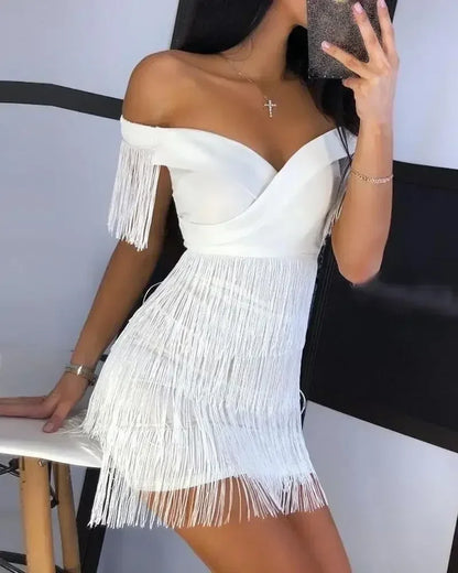 Vestido de noche con flecos blancos para pasarela de celebridades