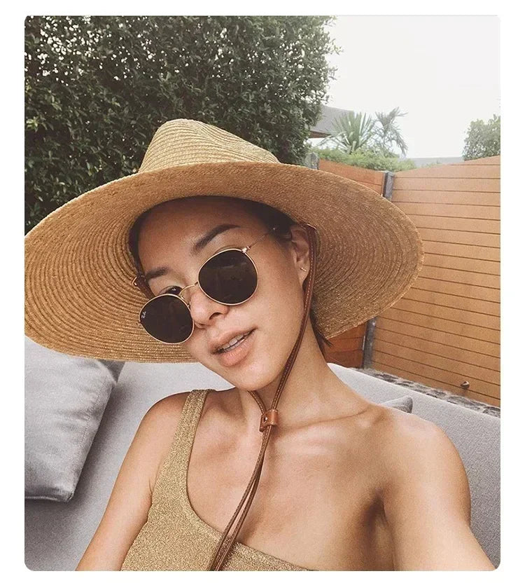 2024年新女士時尚度假沙灘防紫外線寬簷草編遮陽帽，夏季旅行巴拿馬帽，戶外批發